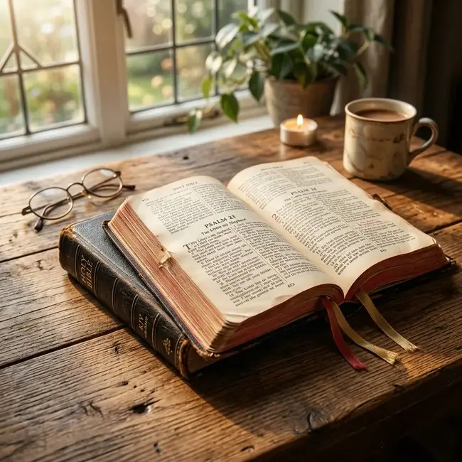 Åpen Bibel på trebord